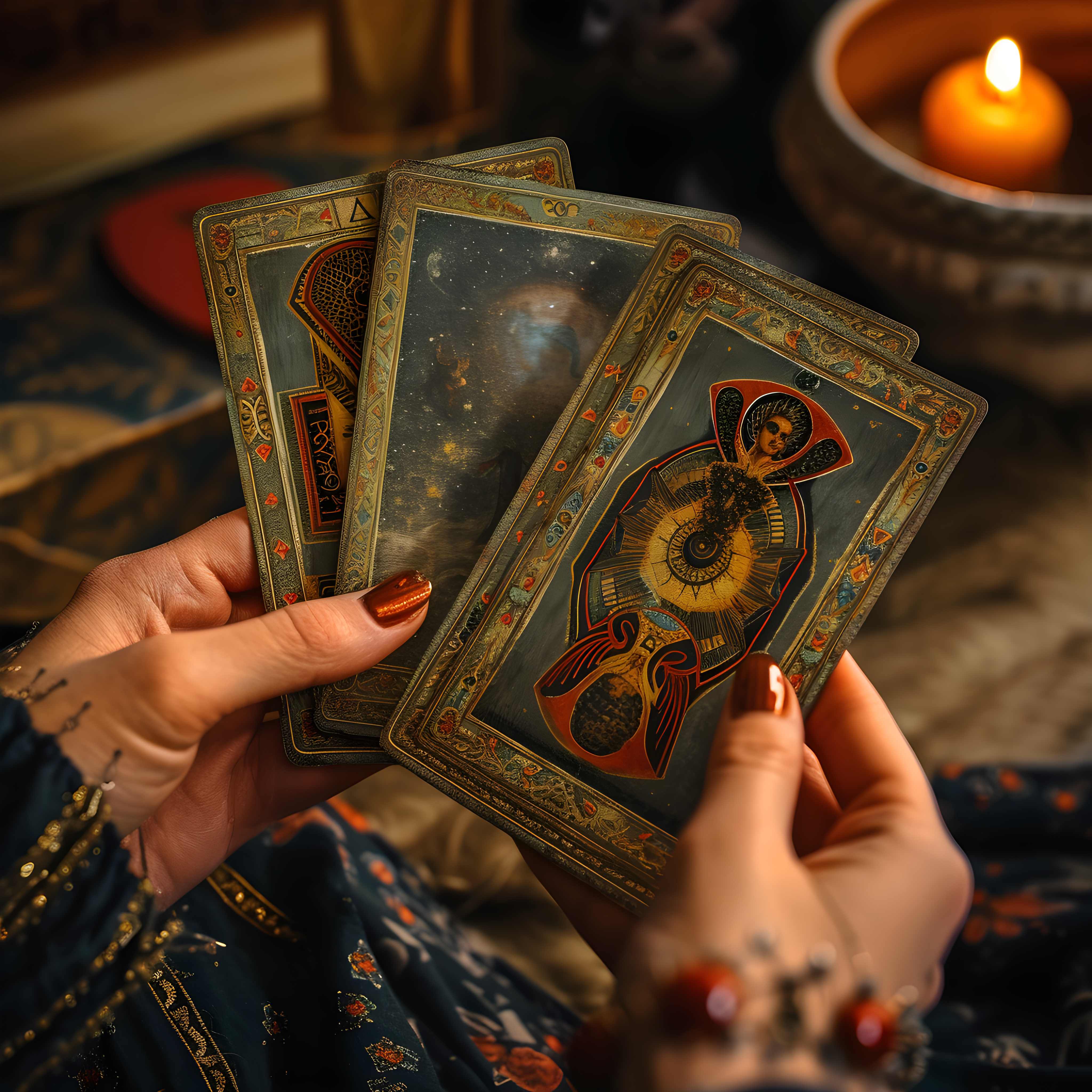 Hands revealing richly decorated tarot cards beside a glowing candle